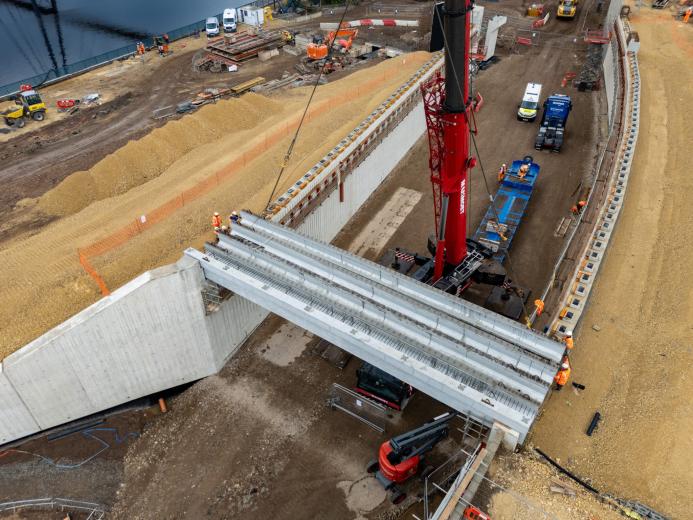 The prestressed concrete beams will form a 55-metre-wide land bridge over Riverside Road, connecting Stockton High Street to the River Tees, creating a new public space.