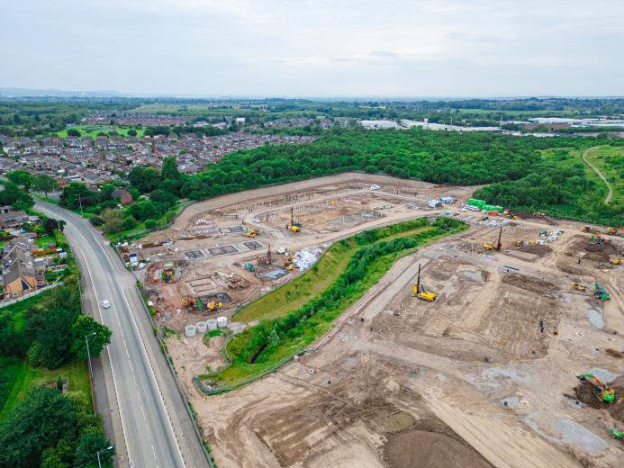 Precast concrete piles being installed using RBL’s latest in-house designed driven rigs on the St Helens project