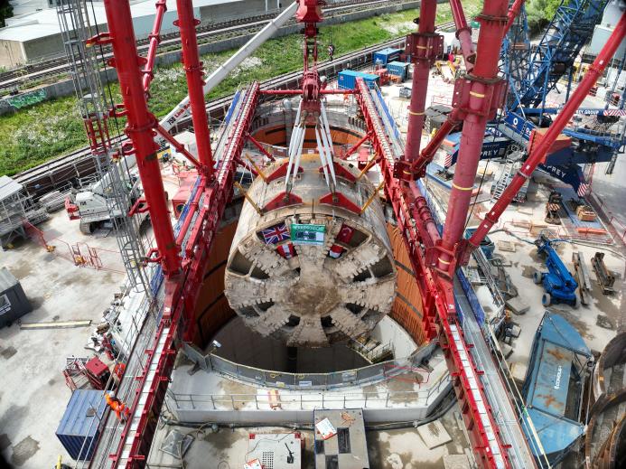 TBM Caroline being lifted from Green Park Way shaft after completing journey under the capital