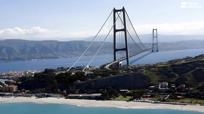 A rendering of the 3,300 m suspension bridge that will connect Sicily to mainland Italy with road and rail, supported by 40 km of new infrastructure by the Stretto di Messina (Messina Strait company).