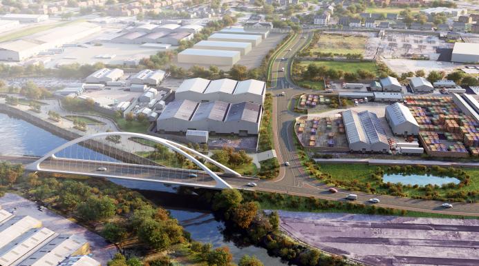 A rendering of the AMIDS South project will include a new road bridge across Paisley Harbour and a 1.7 km riverside route alongside the White Cart.