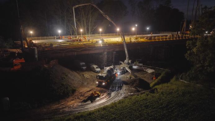 Pouring concrete at night on two motorway bridges in Czech Republic