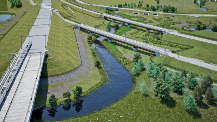 Computer-generated image of two HS2 viaducts crossing the re-aligned River Cole, with landscaped embankments and green spaces visible on either side.