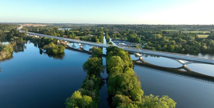 An aerial view of The 2.1-mile Colne Valley viaduct, which is now complete and built from 1,000 precast concrete deck segments.