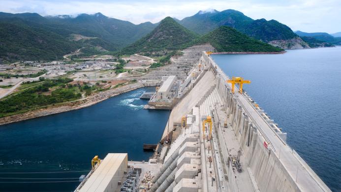 The Grand Ethiopian Renaissance Dam spans the Blue Nile, creating a 172 km reservoir with a storage capacity of 74 billion m³.