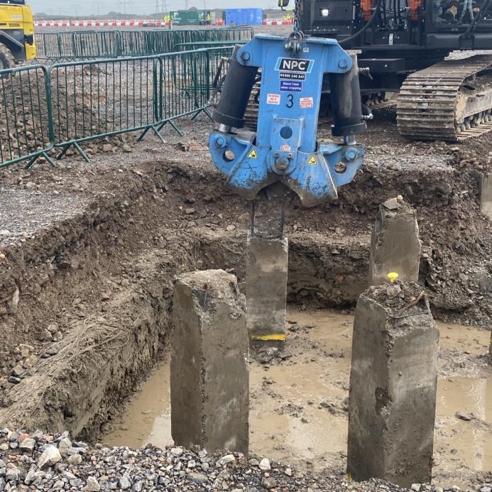 A National Pile Cropper working alongside pre-cut pile caps at the Bridgwater gigafactory site, preparing foundations for Building One.