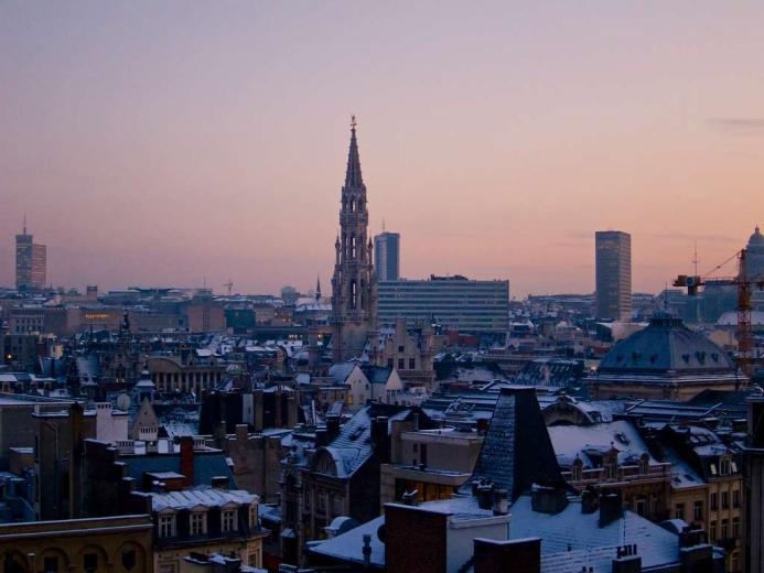 The Brussels city skyline at sunset