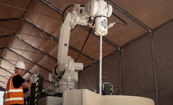 ChangeMaker3D’s robotic printing hub at Wigan Wastewater Treatment Works, where 3D-printed concrete components are produced for United Utilities and Scottish Water. (Image: ChangeMaker3D)