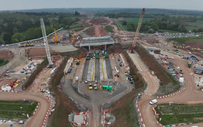 An aerial view of The 14,500-tonne concrete box structure for HS2’s A46 Kenilworth bypass bridge was built offline and slid into place in just 18 days. (Image courtesy HS2 Ltd)