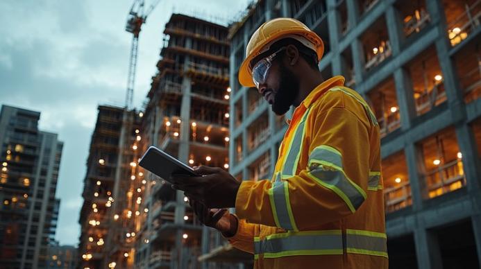 A construction worker in reflective clothing is intently reviewing a digital tablet at a bustling building site.