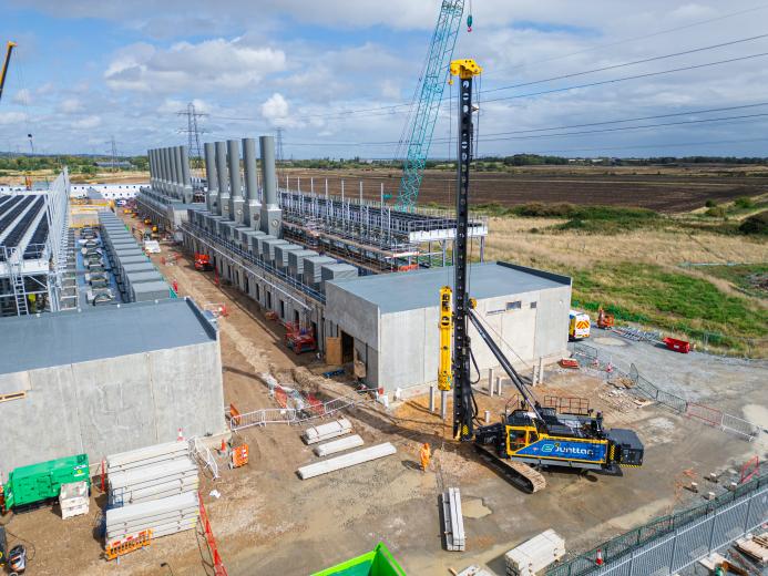 An aerial view of a Junttan PMx2e battery-electric rig driving RBL’s very low-carbon precast piles at Statera Energy’s Thurrock Flexible Generation site.