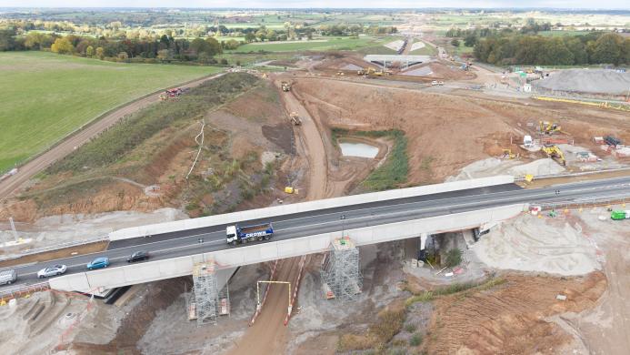 Aerial view of the Fosse Way and Offchurch Greenway bridges near Leamington Spa, delivered by Galldris for Balfour Beatty VINCI.