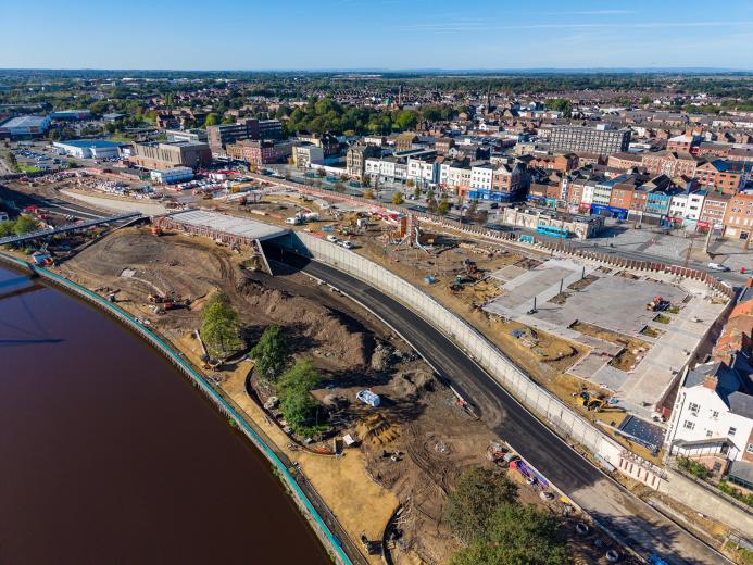An aerial photo of the the Stockton Waterfront Urban Park. with the town in the background