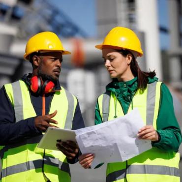 Two construction workers in yellow PPE and hardhats discuss plans, which they are holding, at an on-site meeting.