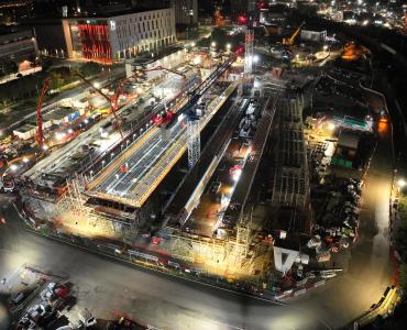 Night time photo of the first concrete pour for HS2's Curzon 3 Viaduct decks