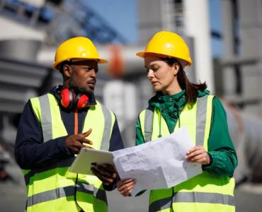 Two construction workers in yellow PPE and hardhats discuss plans, which they are holding, at an on-site meeting.