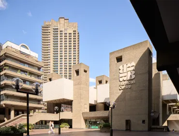 A view of the brutalist-style Barbican Centre, London, UK.