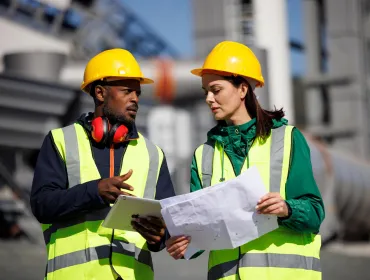 Construction workers in PPE talking