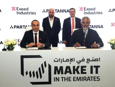 Representatives of Exeed Industries signing a Memorandum of Understanding with carbon-negative concrete pioneer Partanna at the Make it in the Emirates forum in Abu Dhabi, in May, 2025.