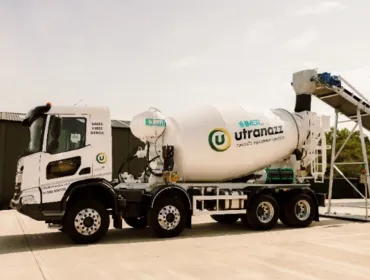 IMER's Superlight 9m³ Concrete Mixer at it's UK launch at Utranazz's Open Day on 13 and 14 June 2025, in white with a the Utranazz's logo on its side