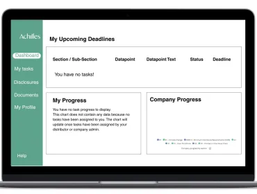 A visual of a computer scree showing Achilles's Comply360, which supports sustainability reporting frameworks including CSRD, IFRS, and GRI.