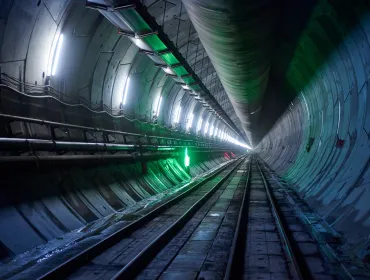 A diimly lit, concrete lined tunnel, Part of the newly completed westbound tunnel on the Italian side of the Brenner Base Tunnel. Over 400,000 precast segments will be used in total. (Image: Webuild)