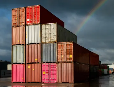 Multi-coloured containers stacked up in a yard with storm clouds and a rainbow in the background