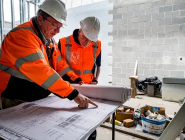 Two men in orange PPE look at plans on a table on a construction site