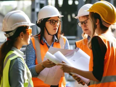 In the warm glow of the afternoon sun, a team of construction professionals gather closely, passionately engaged in a project discussion. Clad in safety helmets and high-visibility vests, they exchange ideas over blueprints, their collaboration a testament to the intricate planning that underpins successful infrastructure projects. Each individual's focused expression underscores the importance of each decision in the grand tapestry of urban development.