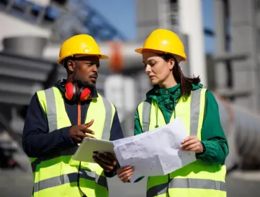 Two construction workers in yellow PPE and hardhats discuss plans, which they are holding, at an on-site meeting.