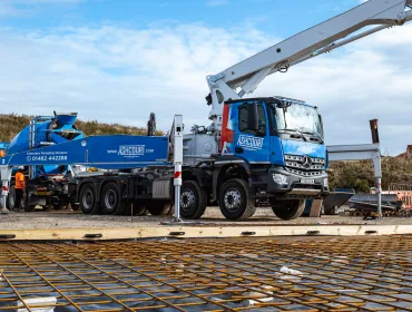 Ashcourt’s new, blue Liebherr 42m truck-mounted concrete pump at work supplying Manton Quarry and regional construction projects.