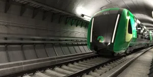 An green, underground train in Melbourne, Australia