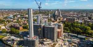 An aerial photo of high rise buildings under construction