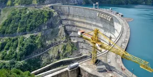 An aerial photo of a concrete dam