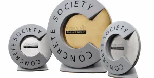 A computer generated image showing three trophies for the Concrete Society Awards