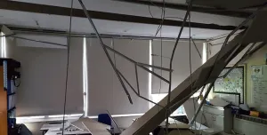 A school classromm with a collapsed roof