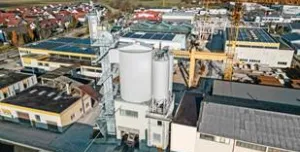 An aerial shot of a concrete batching plant