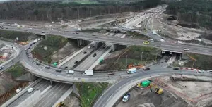 Aerial view of a motorway junction under construction in the UK