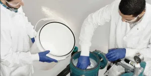 Two men in lab coats and safety glasses working in a lab next to two green canisters