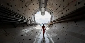 A man in yellow PPE silhouetted against the entrace to a concrete lined tunnel 
