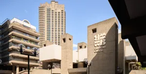 A view of the brutalist-style Barbican Centre, London, UK.