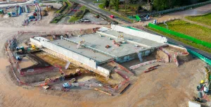 An aerial view of HS2’s Stoneleigh Road bridge under construction near Kenilworth 