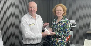 Roger Line of Structural Repairs receives the New Product Award from Concrete Connect editor, Clare Howcutt-Kelly.