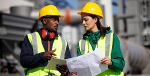 Construction workers in PPE talking