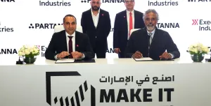 Representatives of Exeed Industries signing a Memorandum of Understanding with carbon-negative concrete pioneer Partanna at the Make it in the Emirates forum in Abu Dhabi, in May, 2025.
