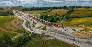 An aerial view of the Lower Thorpe Viaduct deck installed in its final position in June 2025