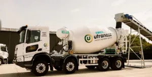 IMER's Superlight 9m³ Concrete Mixer at it's UK launch at Utranazz's Open Day on 13 and 14 June 2025, in white with a the Utranazz's logo on its side