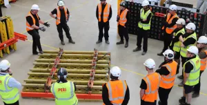 Members of the Gel Engineering team receive training on RUNDLEX Circular Wall Formwork at the PERI training facility and exhibition hall in Brentwood