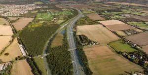 An aerial view of the Lower Thames Crossing junction with the M25 (looking north), with a new bridge for Ockendon Road. Image: National Highways.
