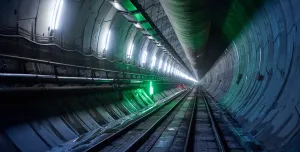 A diimly lit, concrete lined tunnel, Part of the newly completed westbound tunnel on the Italian side of the Brenner Base Tunnel. Over 400,000 precast segments will be used in total. (Image: Webuild)